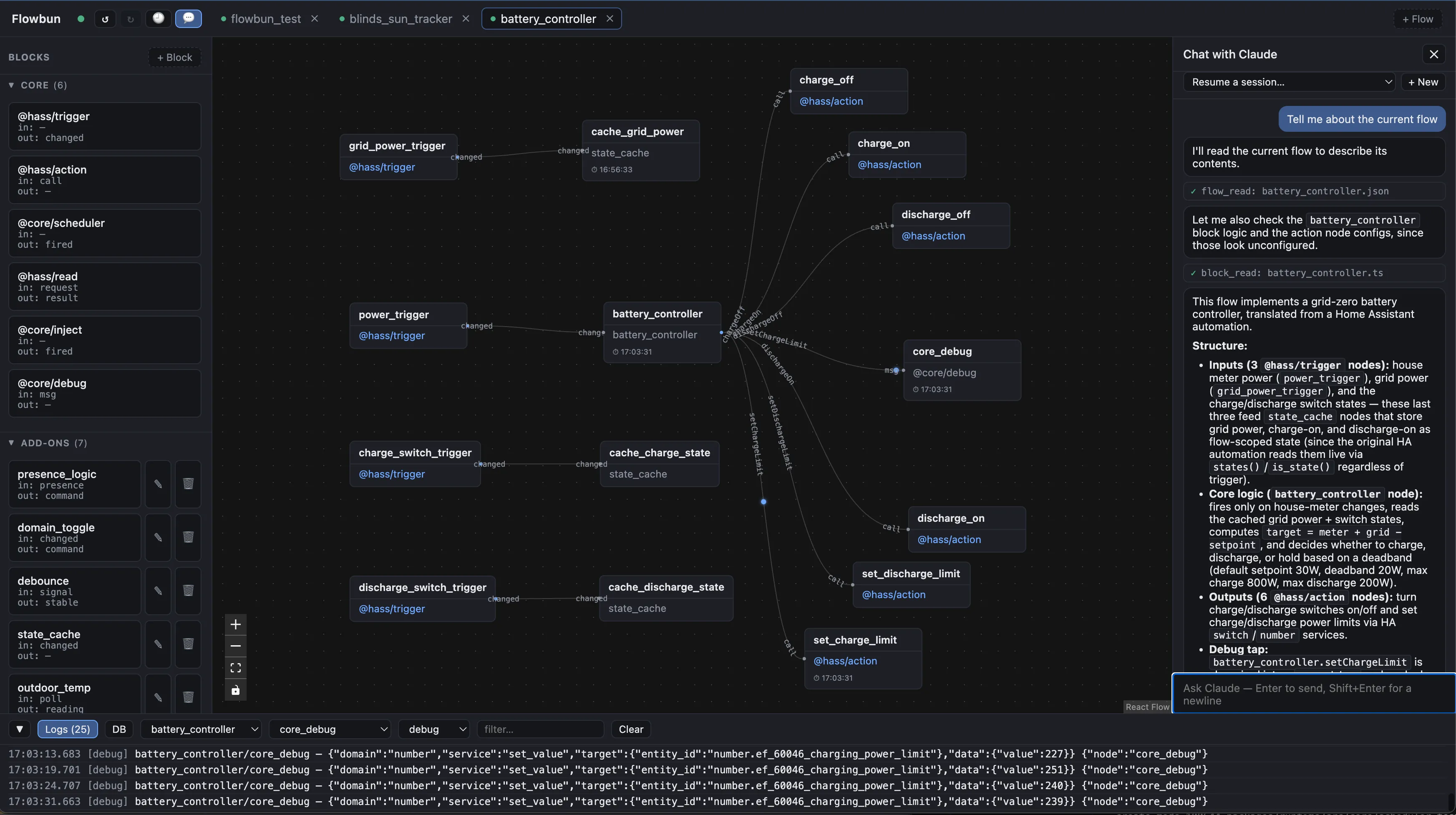 The Flowbun editor: block palette on the left, a wired flow on the canvas, the Claude chat panel open on the right, and a live log panel along the bottom.